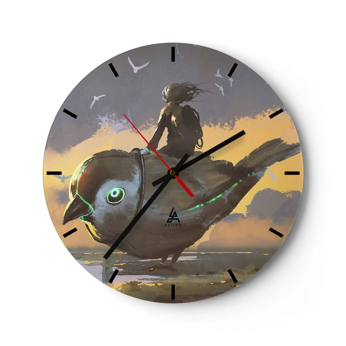 Relógio de parede - Relógio em vidro - Uma figura de um pássaro mecânico em uma paisagem de fantasia - 30x30cm - Uma parada numa viagem fantástica - Decoração de parede moderna para a sala de estar, cozinha e quarto ARTTOR
