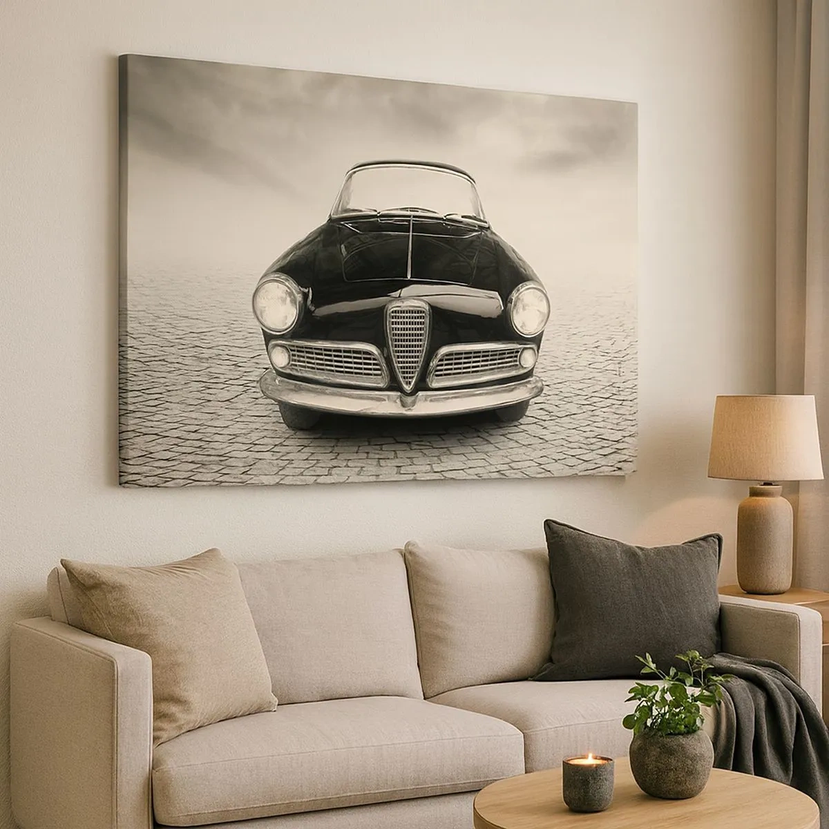 Quadro em tela - Um carro clássico em uma praça de paralelepípedos em estilo monocromático - 70x50cm - E como não me amar? - Decoração de parede moderna para a sala de estar e quarto ARTTOR
