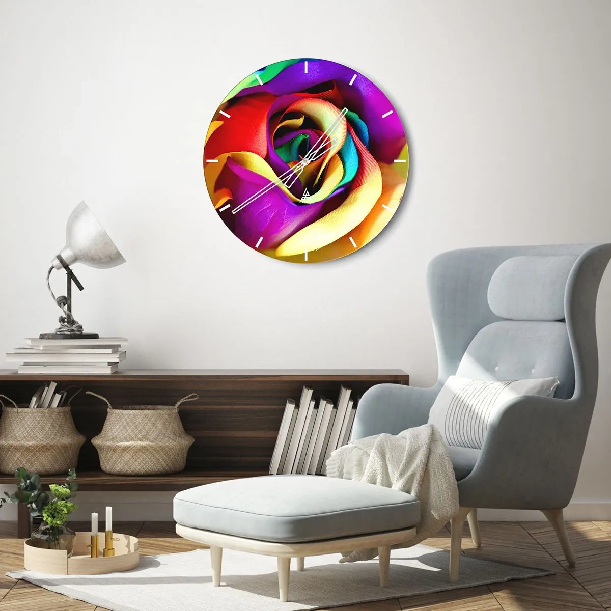 Relógio de parede - Relógio em vidro - Um close de uma rosa arco-íris com cores intensas - 30x30cm - É impossível - Decoração de parede moderna para a sala de estar, cozinha e quarto ARTTOR
