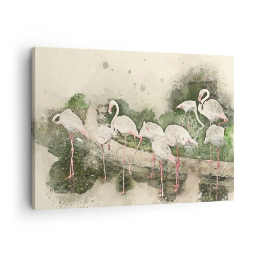 Quadro em tela - Flamingos em seu ambiente natural em estilo aquarela - 70x50cm - Sonho exótico - Decoração de parede moderna para a sala de estar e quarto ARTTOR