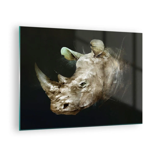 Quadro em vidro - Representação artística de uma cabeça de rinoceronte sobre fundo escuro - 70x50cm - Uma força verdadeiramente masculina - Decoração de parede moderna para a sala de estar e quarto ARTTOR