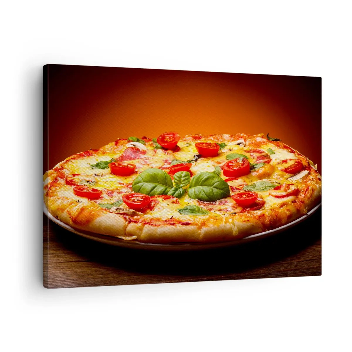 Quadro em tela - Pizza com tomate e manjericão em uma mesa de madeira - 70x50cm - Mamma mia! - Decoração de parede moderna para a sala de estar e quarto ARTTOR