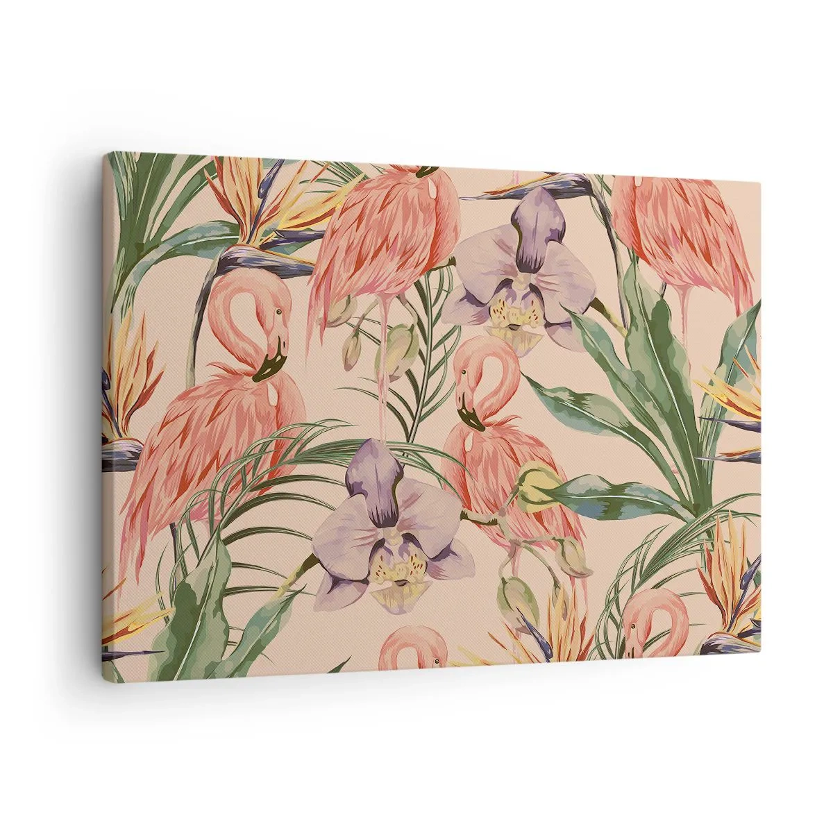 Quadro em tela - Flamingos e flores tropicais em um fundo claro - 70x50cm - Balé rosa em flores - Decoração de parede moderna para a sala de estar e quarto ARTTOR
