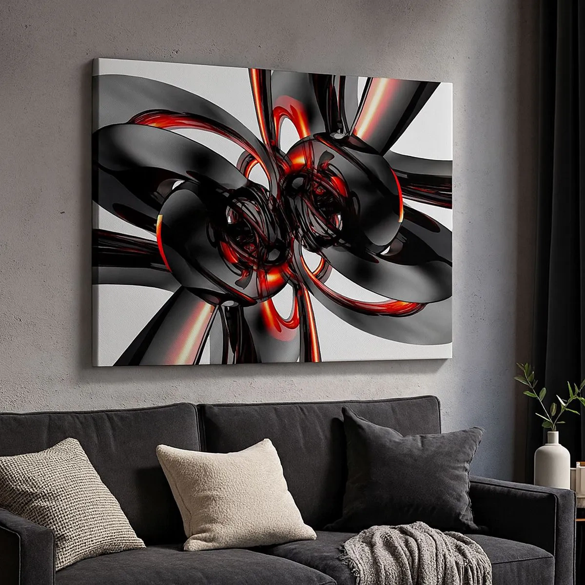 Quadro em tela - Gráficos 3D abstratos com elementos pretos e vermelhos - 70x50cm - Movimento em grafite e vermelho - Decoração de parede moderna para a sala de estar e quarto ARTTOR