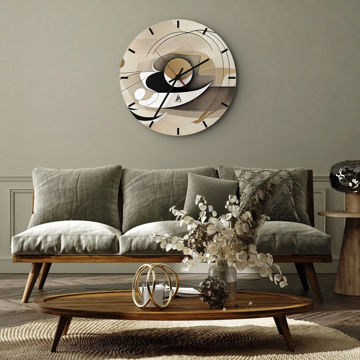 Relógio de parede - Relógio em vidro - Uma composição geométrica com arcos e formas em tons de bege. - 30x30cm - Composição: a essência da palavra - Decoração de parede moderna para a sala de estar, cozinha e quarto ARTTOR