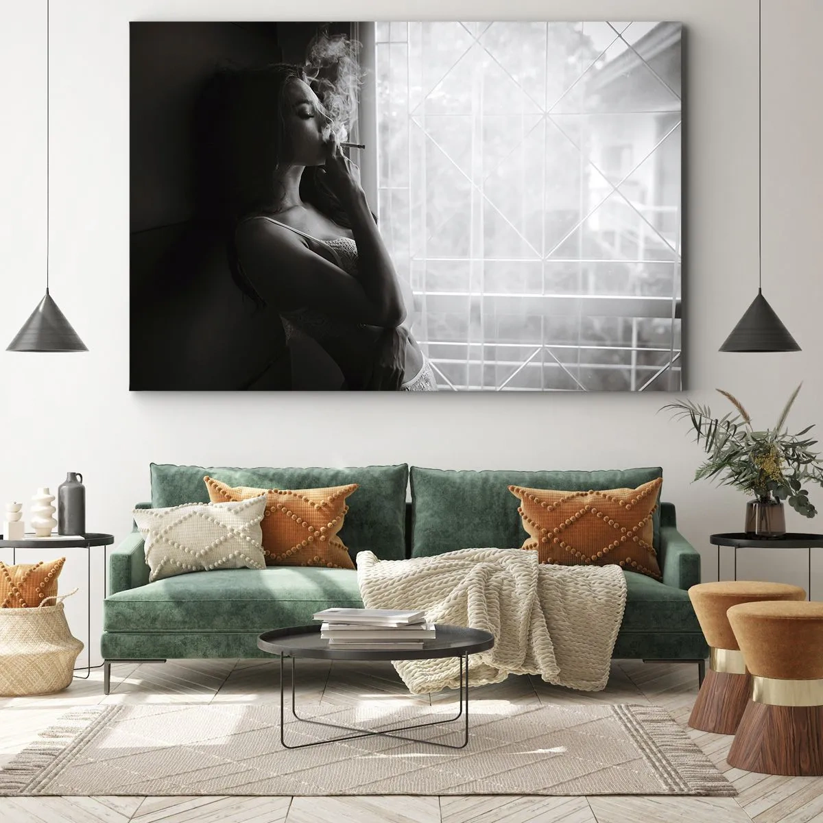 Quadro em tela - Uma mulher em pose sensual em uma fotografia em preto e branco - 70x50cm - Um momento sensual - Decoração de parede moderna para a sala de estar e quarto ARTTOR