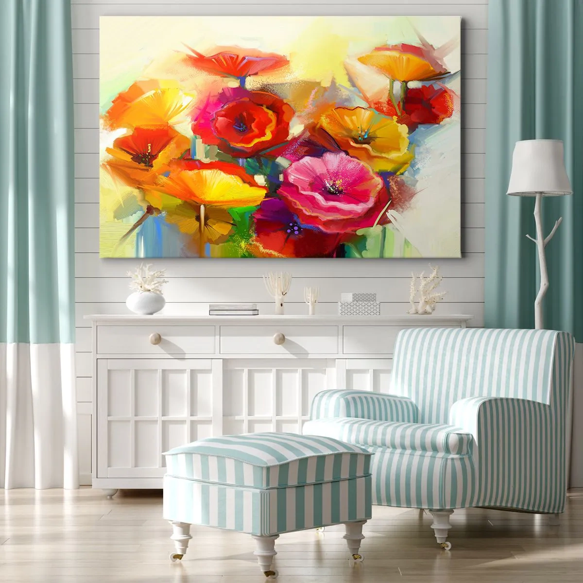 Quadro em tela - Flores abstratas coloridas em um fundo claro - 70x50cm - Não só vermelho - Decoração de parede moderna para a sala de estar e quarto ARTTOR