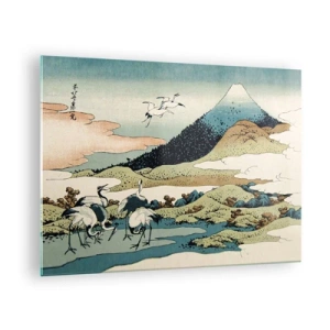 Quadro em vidro - Uma pintura de pássaros em uma paisagem japonesa com vista para o Monte Fuji. - 70x50cm - No espírito japonês - Decoração de parede moderna para a sala de estar e quarto ARTTOR