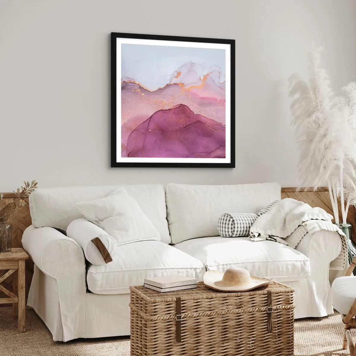 Pôster com moldura preta - Ondas de lilás e roxo - 60x60 cm