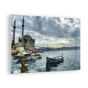 Quadro em vidro - Vista da mesquita, ponte e barcos no cais - 70x50cm - Na fronteira dos mundos - Decoração de parede moderna para a sala de estar e quarto ARTTOR