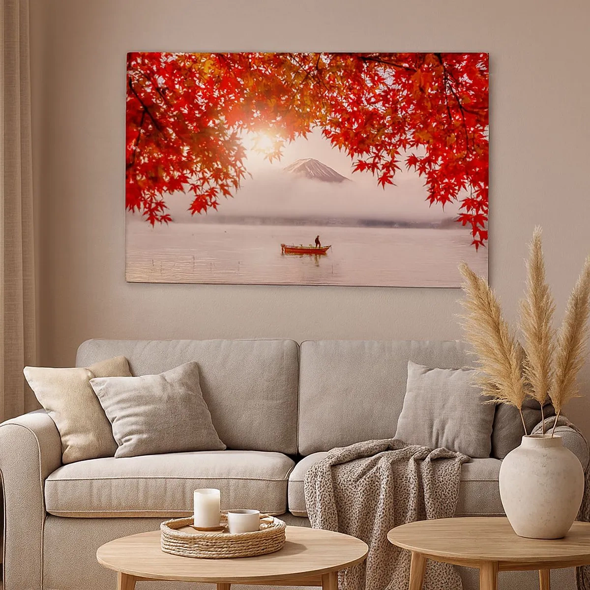 Quadro em tela - Um barco em um lago cercado por folhas de bordo vermelhas - 70x50cm - No clima japonês - Decoração de parede moderna para a sala de estar e quarto ARTTOR