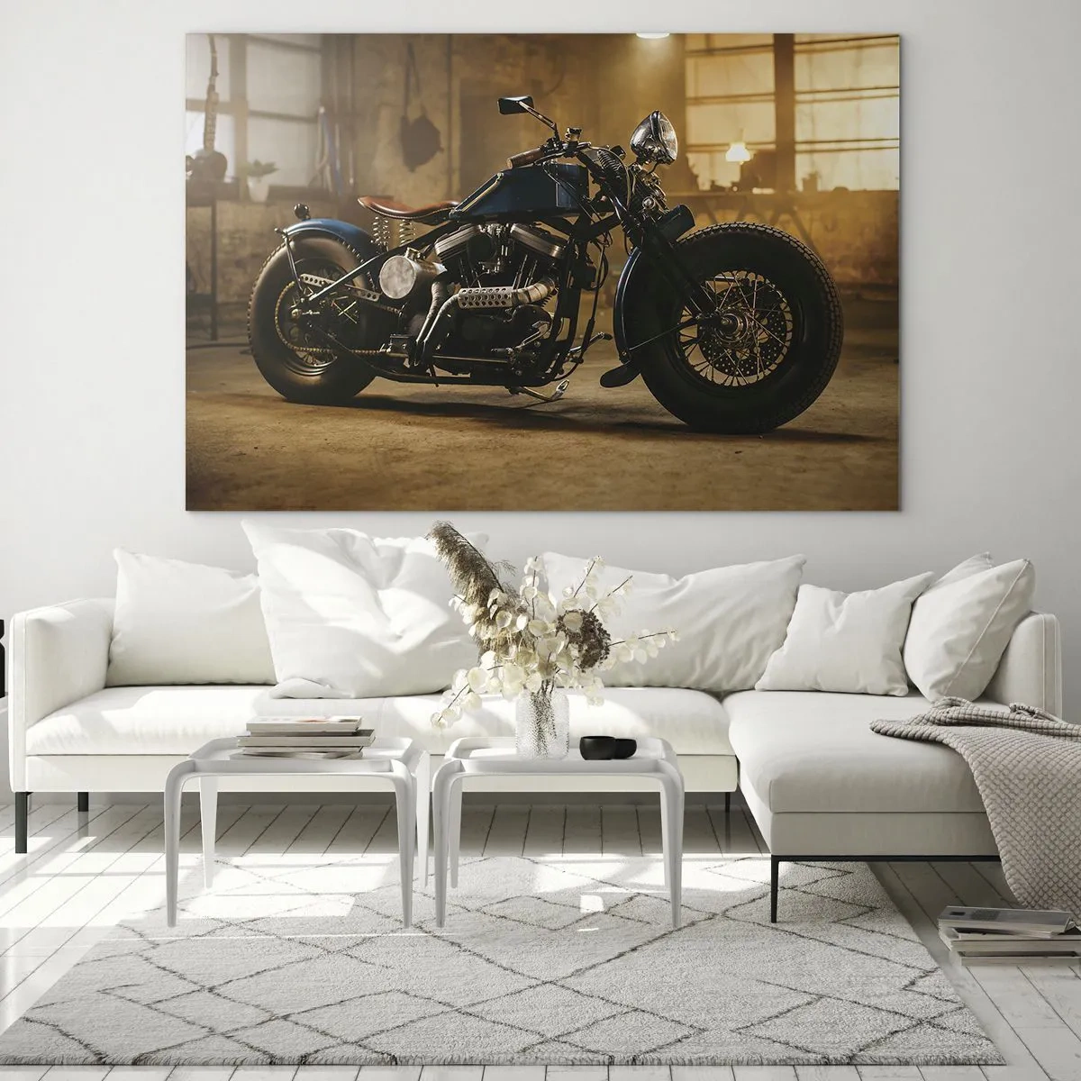 Quadro em vidro - Foto atmosférica de uma motocicleta clássica em uma garagem - 70x50cm - Tudo posso - Decoração de parede moderna para a sala de estar e quarto ARTTOR