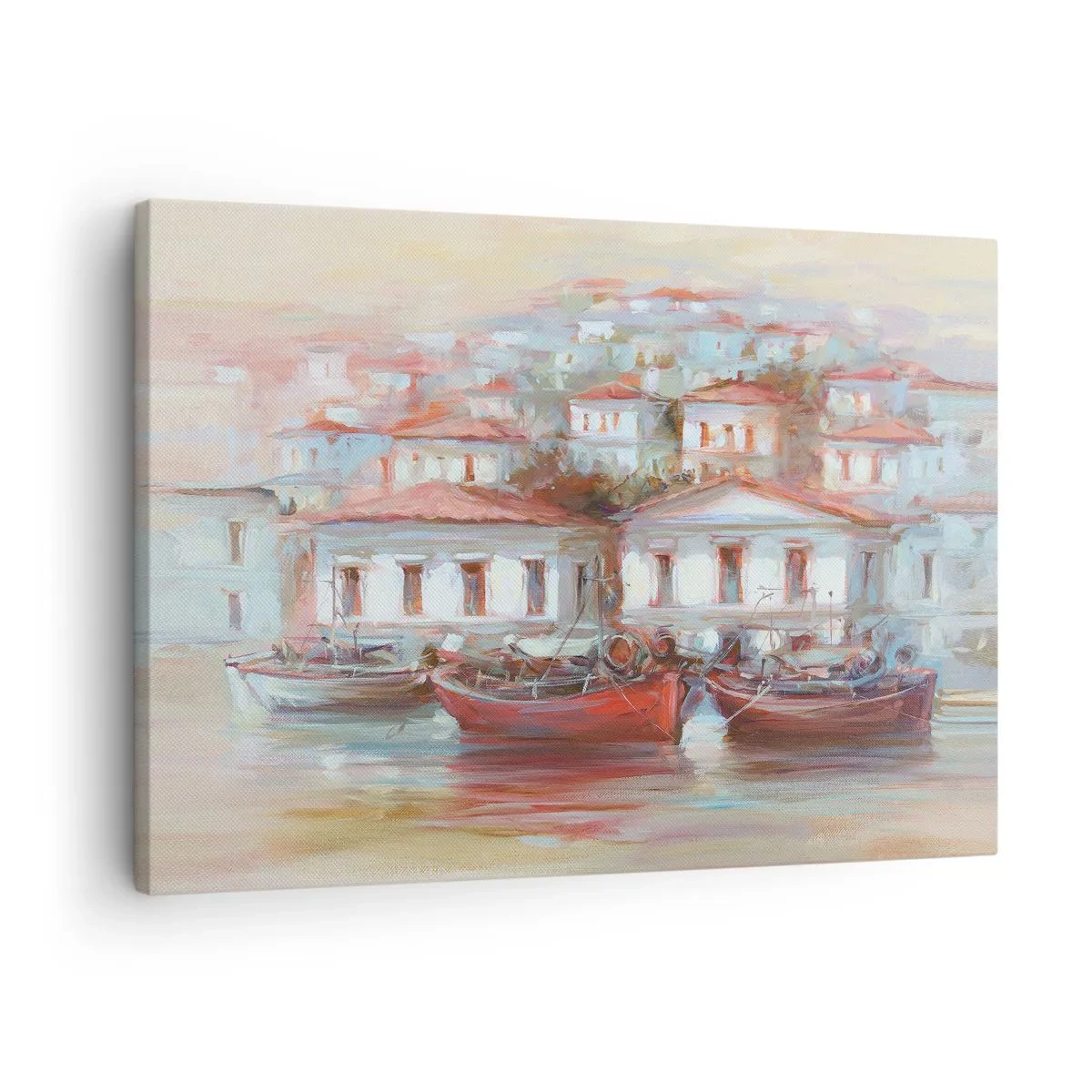 Quadro em tela - Barcos coloridos e edifícios pitorescos à beira da água em tons pastel - 70x50cm - Cidade feliz - Decoração de parede moderna para a sala de estar e quarto ARTTOR