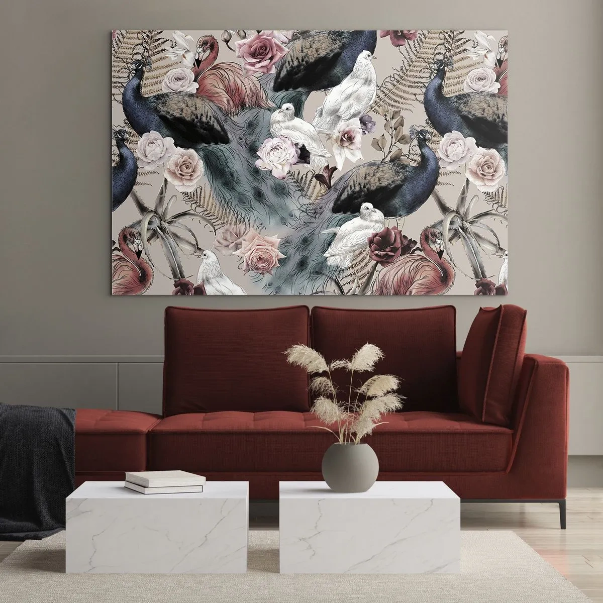 Quadro em vidro - Pavões e flamingos cercados por rosas e samambaias - 70x50cm - No jardim do palácio - Decoração de parede moderna para a sala de estar e quarto ARTTOR