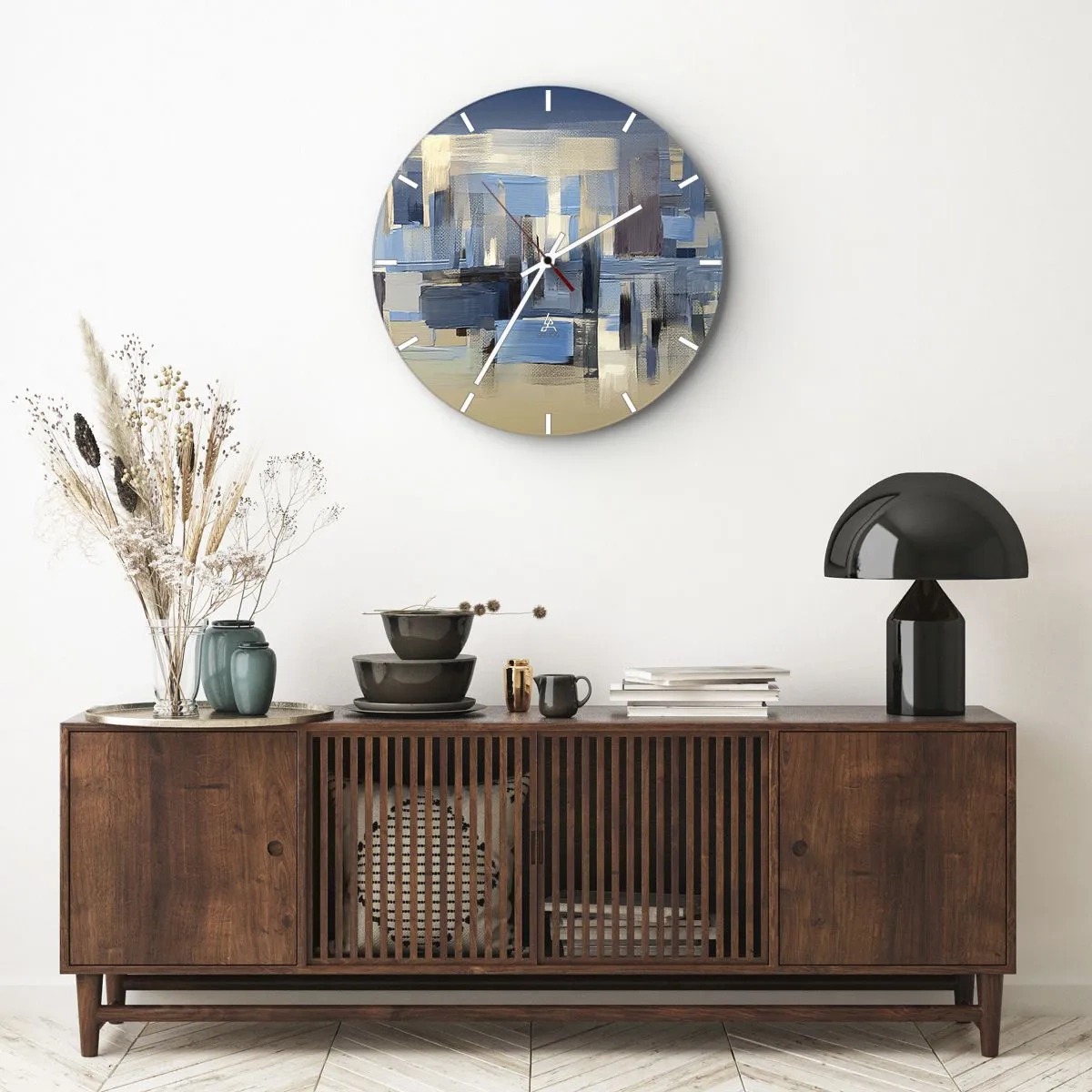 Relógio de parede - Relógio em vidro - Construção azul - 40x40 cm