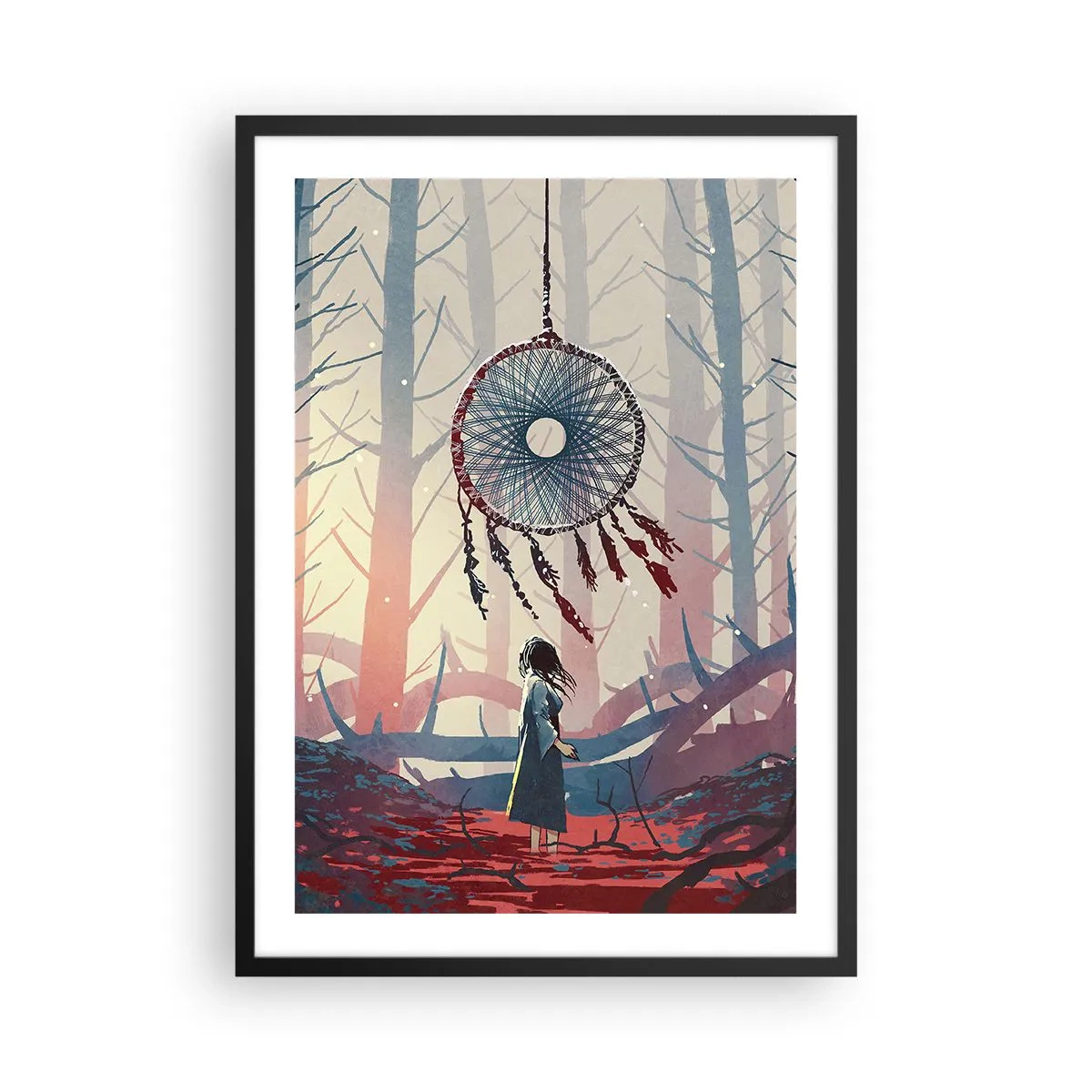 Pôster com moldura preta - Uma figura na floresta com um apanhador de sonhos sobre um fundo pastel. - 50x70cm - O ritual secreto da felicidade - Decoração de parede moderna para a sala de estar e quarto ARTTOR