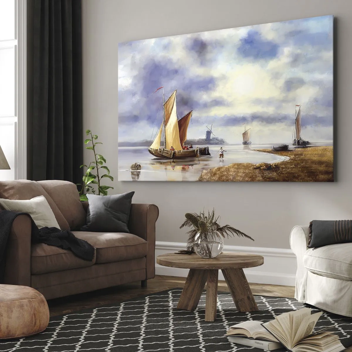 Quadro em tela - Veleiros em águas calmas com moinhos de vento ao fundo - 70x50cm - O regresso dos marinheiros - Decoração de parede moderna para a sala de estar e quarto ARTTOR