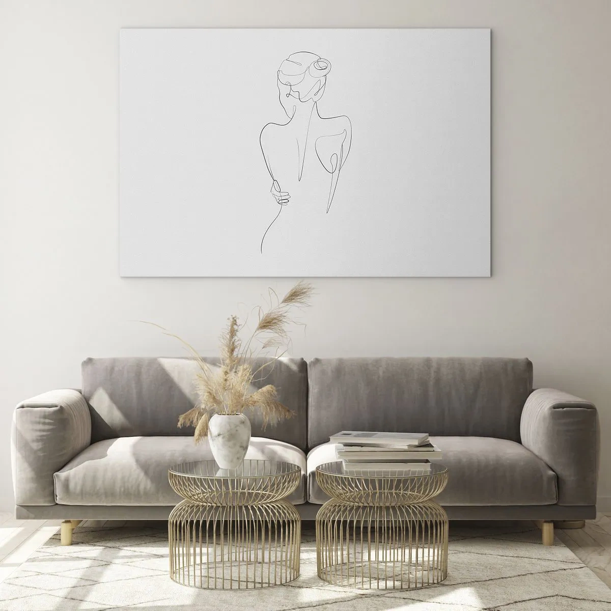 Quadro em vidro - Um delicado esboço de uma única linha de uma mulher vista de costas. - 70x50cm - Música corporal - Decoração de parede moderna para a sala de estar e quarto ARTTOR
