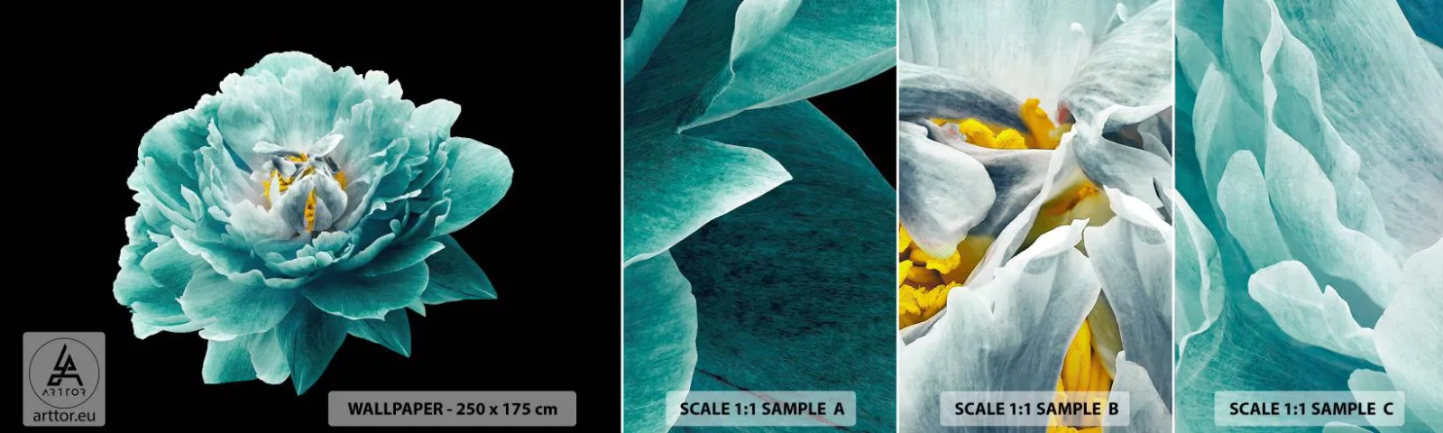 Amostra de papel de parede autocolante Deluxe Sticker - Pétalas azuis e douradas - Flor, Florescendo, Peônia - 100x30 cm