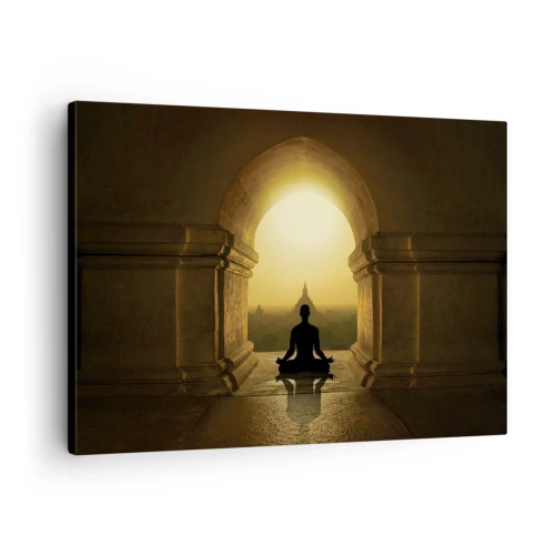 Quadro em tela - Silhueta de uma pessoa meditando à luz do pôr do sol - 70x50cm - Harmonia completa - Decoração de parede moderna para a sala de estar e quarto ARTTOR