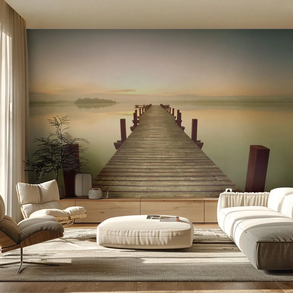 Papel de Parede Standard Eco - Antes do amanhecer, nascer do sol, luz - Paisagem, Lago, Ponte de madeira - 200x140 cm