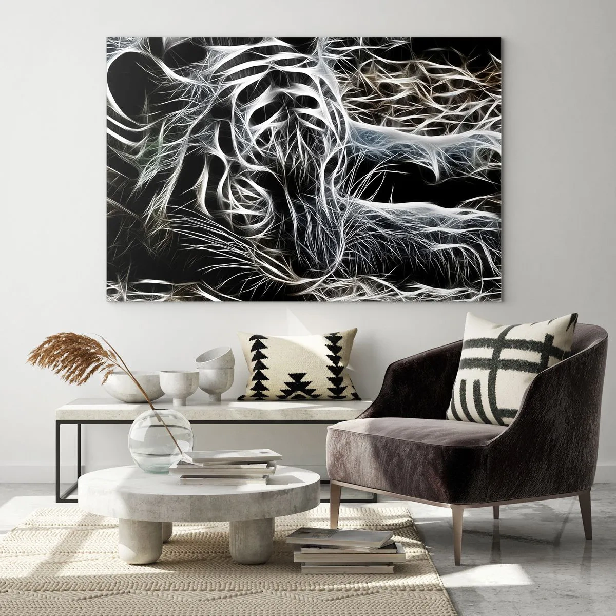 Quadro em vidro - Tigre abstrato em linhas luminosas sobre fundo preto - 70x50cm - Um estudo da leveza do gato - Decoração de parede moderna para a sala de estar e quarto ARTTOR