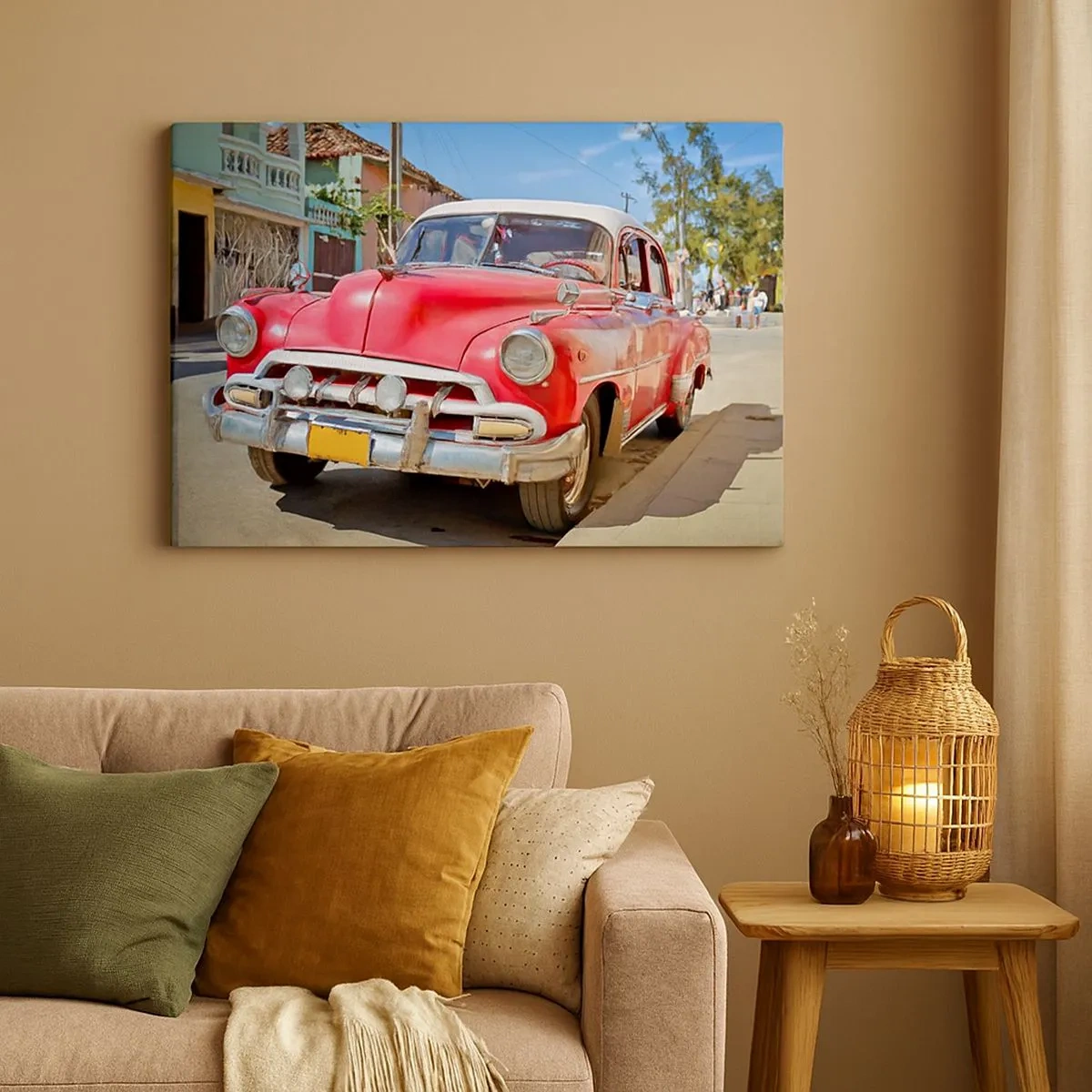 Quadro em tela - Um carro clássico vermelho estacionado na rua em um dia ensolarado - 70x50cm - Apenas em Cuba - Decoração de parede moderna para a sala de estar e quarto ARTTOR