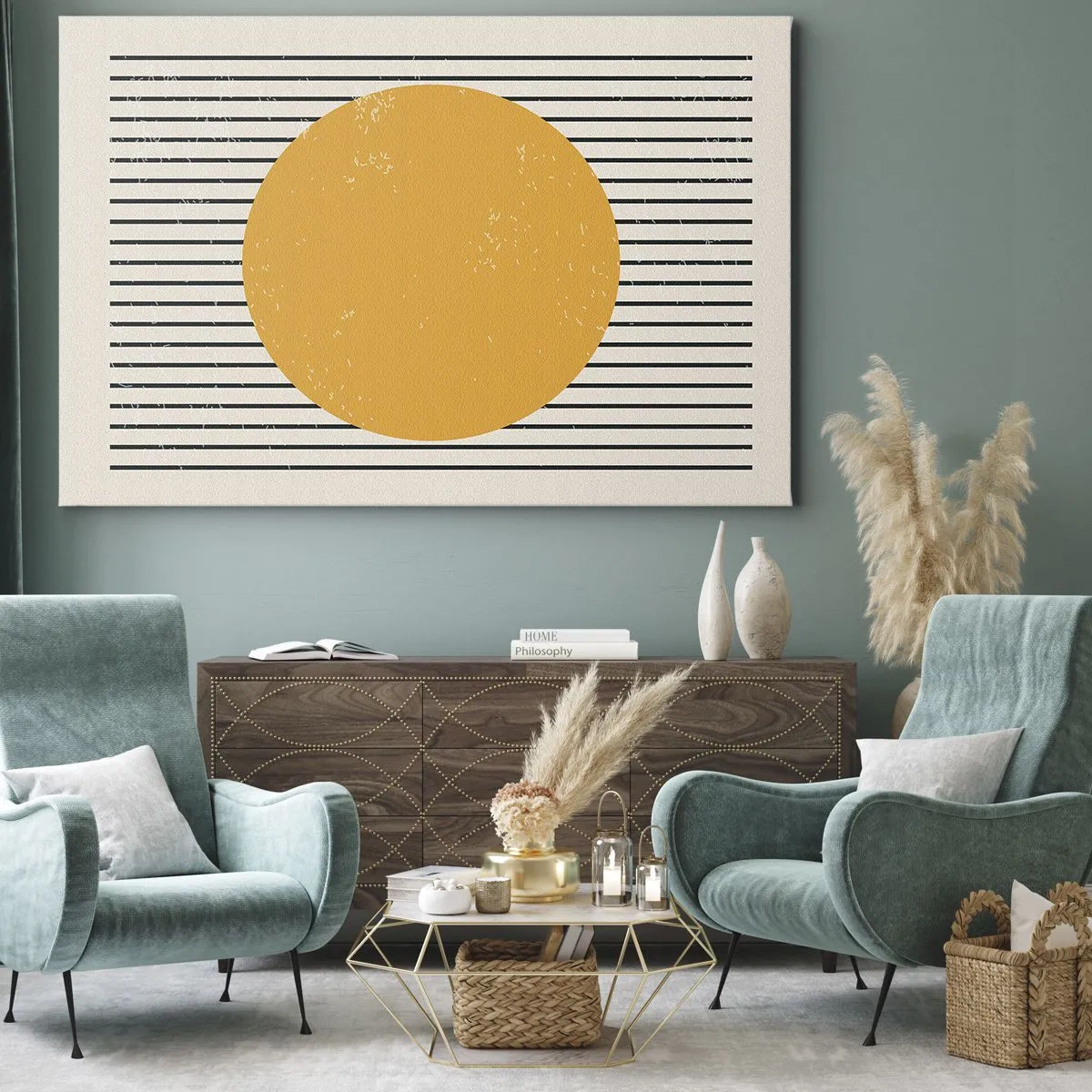 Quadro em tela - Um círculo amarelo em um fundo de linhas horizontais pretas e brancas - 70x50cm - O poder da simplicidade - Decoração de parede moderna para a sala de estar e quarto ARTTOR