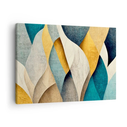 Quadro em tela - Ondas abstratas em tons de azul e dourado - 70x50cm - Ritmo e onda - Decoração de parede moderna para a sala de estar e quarto ARTTOR
