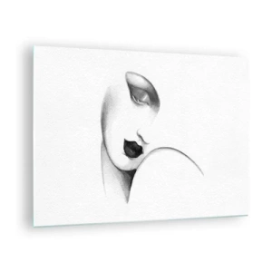 Quadro em vidro - Esboço Art Déco de um rosto de mulher em preto e branco - 70x50cm - No estilo de Łempicka - Decoração de parede moderna para a sala de estar e quarto ARTTOR
