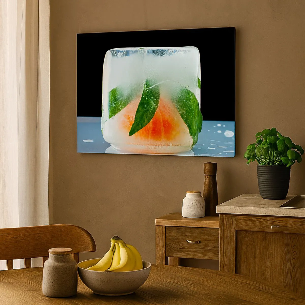 Quadro em tela - Cubo de gelo com laranja e folhas - 70x50cm - Frescor e refresco - Decoração de parede moderna para a sala de estar e quarto ARTTOR