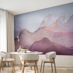 Papel de Parede Standard Eco - Composição abstrata em aquarela em tons de roxo e dourado - 100x70cm - Ondas de lilás e roxo - Decoração de parede moderna para a sala de estar e quarto ARTTOR