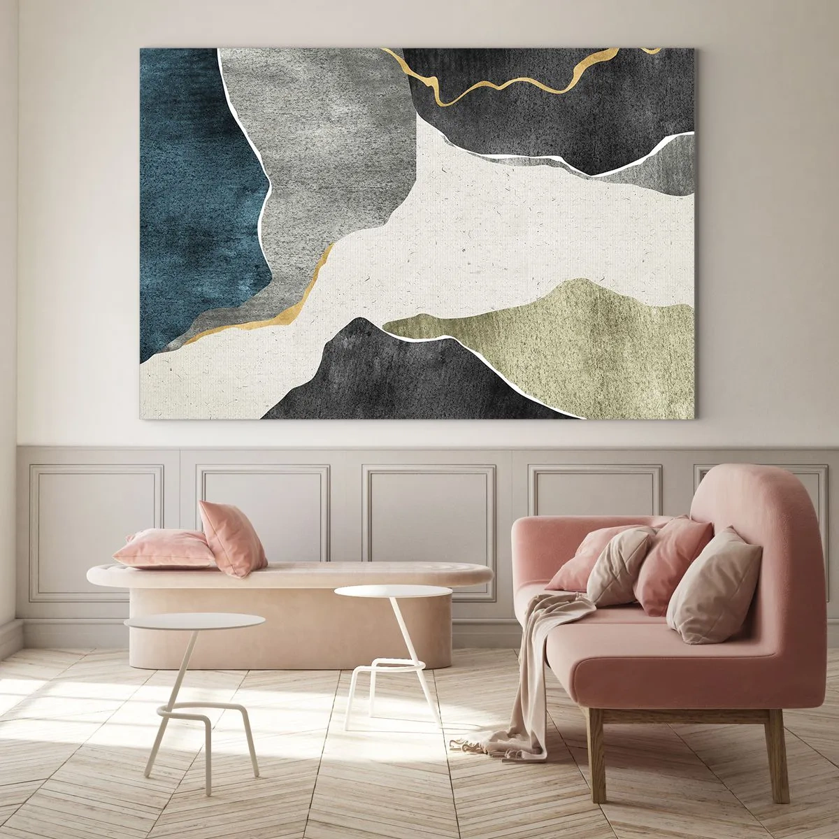 Quadro em vidro - Mosaico abstrato com formas orgânicas e uma linha dourada - 70x50cm - Composição de mosaico com fio de ouro - Decoração de parede moderna para a sala de estar e quarto ARTTOR