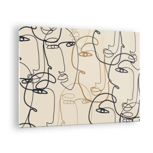 Quadro em vidro - Rostos contornados desenhados com um único traço em bege - 70x50cm - Retrato multiplicado - Decoração de parede moderna para a sala de estar e quarto ARTTOR