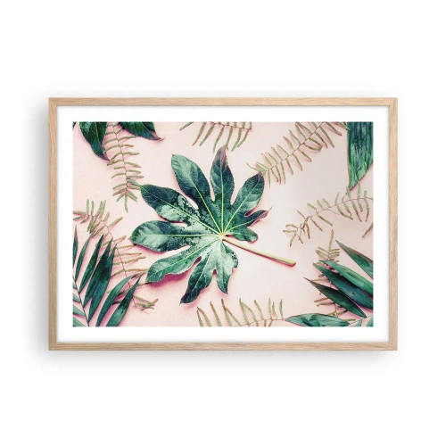 Pôster com moldura de carvalho claro - Estudo do verde em um fundo rosa - 70x50 cm