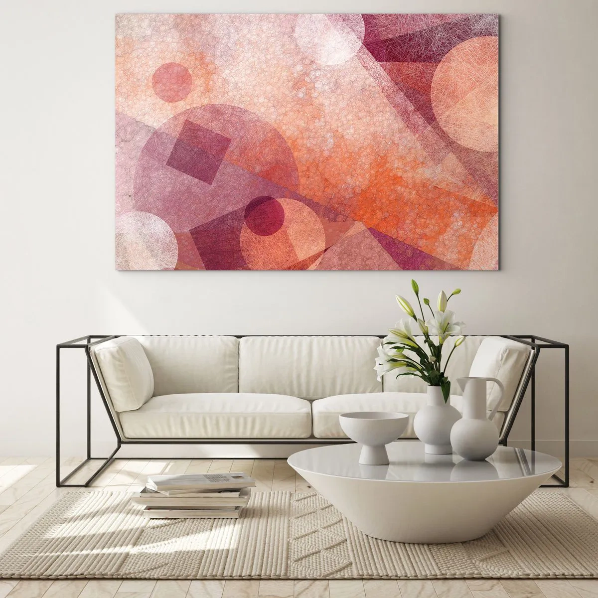 Quadro em vidro - Transformações geométricas em rosa - 120x80 cm
