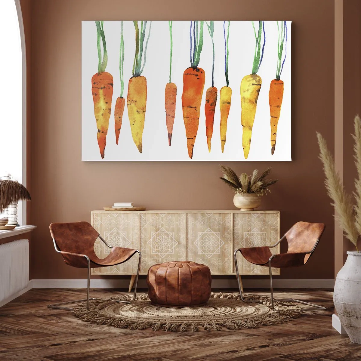 Quadro em tela - Cenouras em aquarela em diferentes tons sobre fundo branco - 70x50cm - A beleza do ordinário - Decoração de parede moderna para a sala de estar e quarto ARTTOR