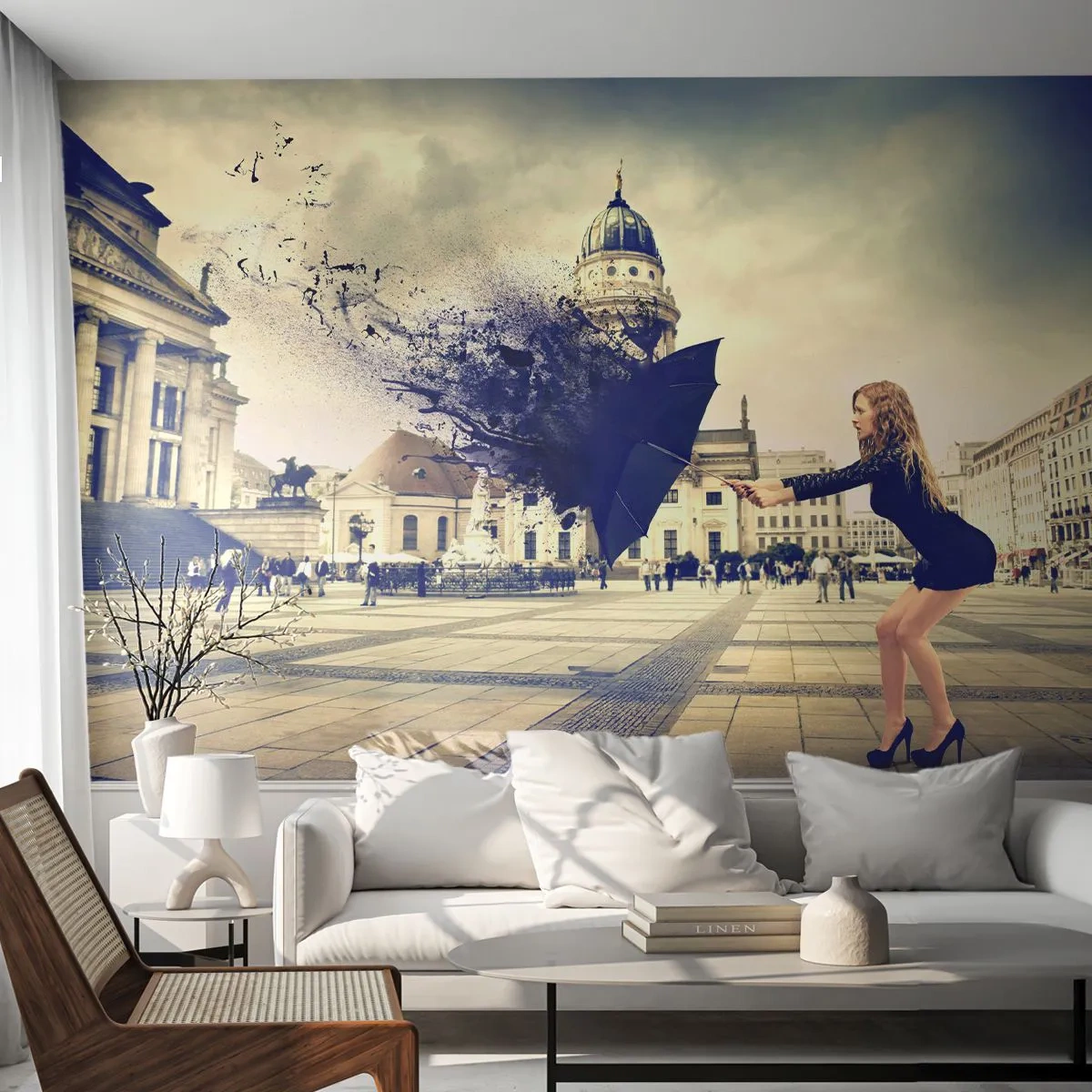 Papel de Parede Autocolante Deluxe Sticker - Há um vento... - Mulher, Cidade, Guarda-chuva misterioso - 250x175 cm