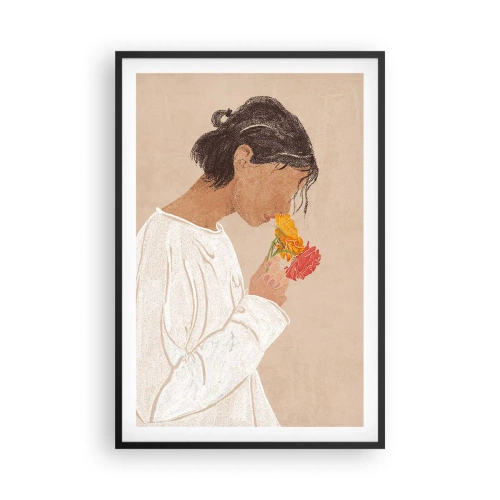 Pôster com moldura preta - Menina e flores - 61x91 cm