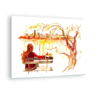 Quadro em vidro - Uma figura em um banco com vista para a cidade em aquarela - 70x50cm - Um momento de reflexão - Decoração de parede moderna para a sala de estar e quarto ARTTOR