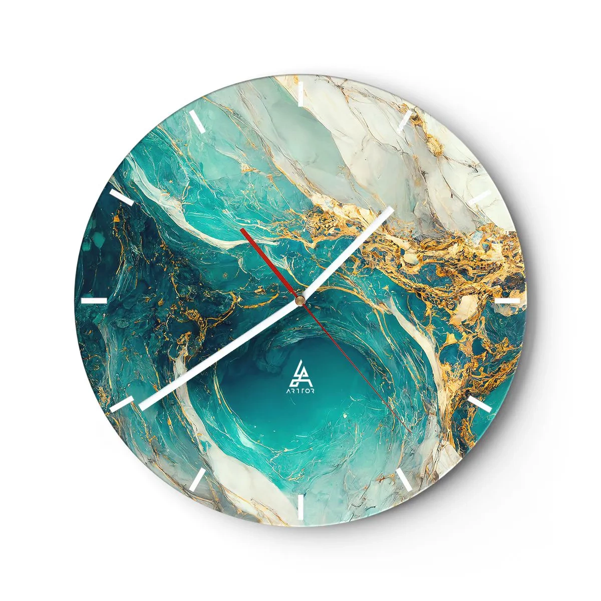 Relógio de parede - Relógio em vidro - Abstrato turquesa com padrão dourado em espiral - 30x30cm - Composição com veios d'ouro - Decoração de parede moderna para a sala de estar, cozinha e quarto ARTTOR