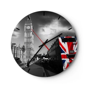 Relógio de parede - Relógio em vidro - O Big Ben e um ônibus com um motivo de bandeira britânica - 30x30cm - Grande e orgulhosa - Decoração de parede moderna para a sala de estar, cozinha e quarto ARTTOR