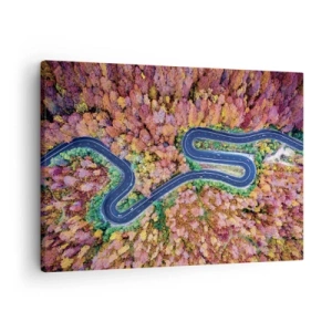 Quadro em tela - Uma estrada sinuosa em uma floresta de outono vista de um ponto de vista aéreo - 70x50cm - Estrada sinuosa pela floresta - Decoração de parede moderna para a sala de estar e quarto ARTTOR