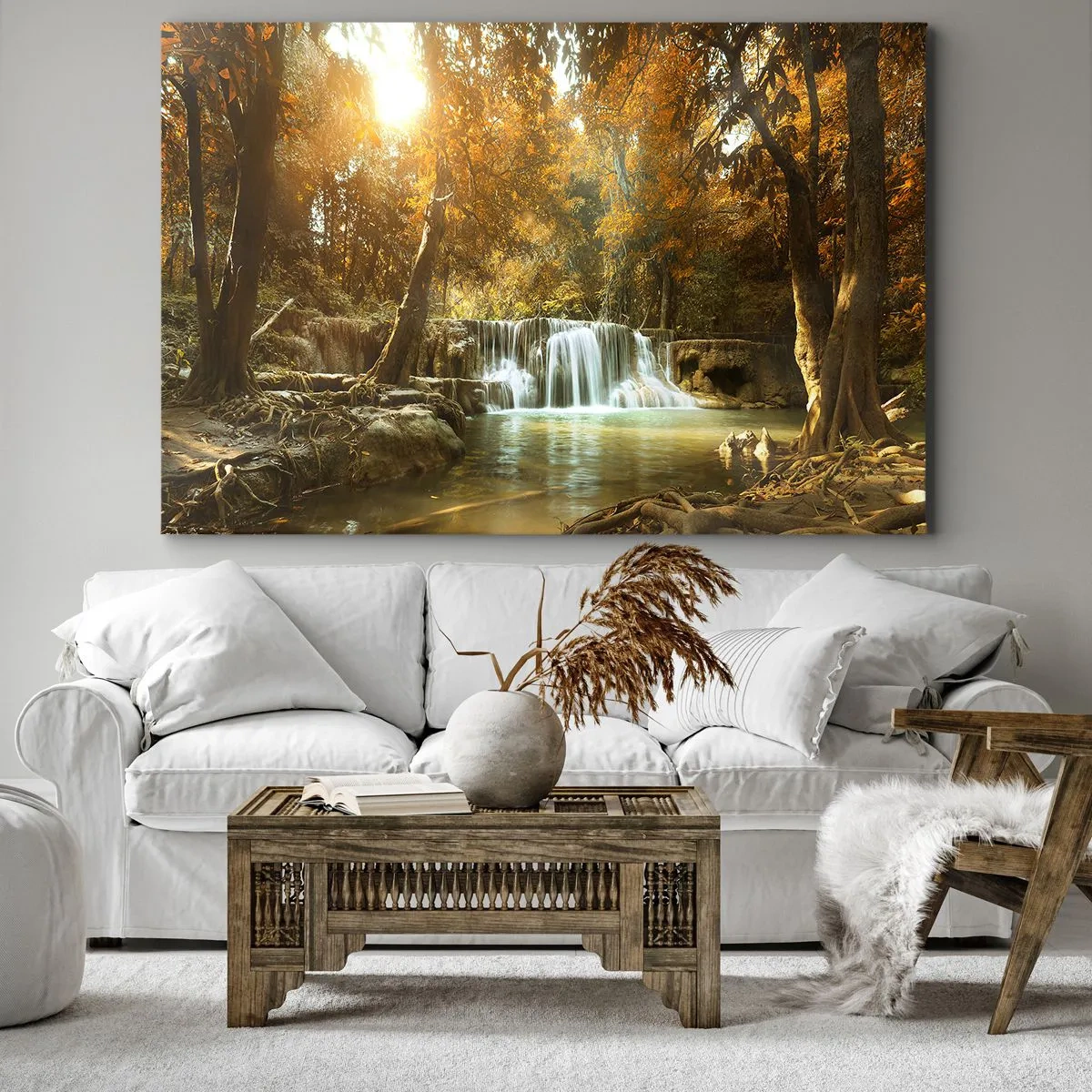 Quadro em tela - Paisagem de outono com cachoeira - 70x50cm - A cascata do parque - Decoração de parede moderna para a sala de estar e quarto ARTTOR
