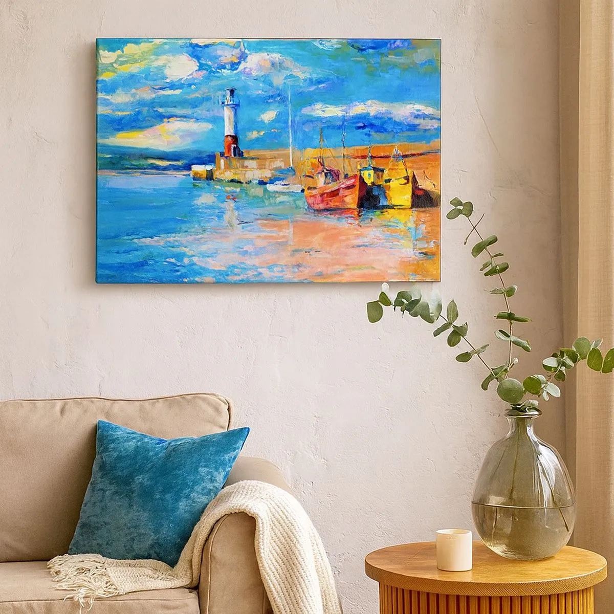Quadro em tela - Porto de pesca com barcos e um farol em cores brilhantes - 70x50cm - Tarde na baía do arco-íris - Decoração de parede moderna para a sala de estar e quarto ARTTOR