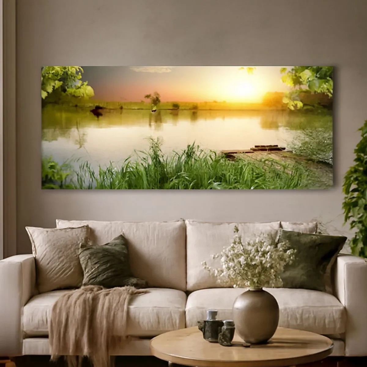 Quadro em tela - Paisagem em uma moldura verde - 100x40 cm