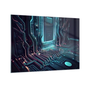 Quadro em vidro - Visualização de neon de traços do processador em um fundo preto - 70x50cm - Só estou a pensar... - Decoração de parede moderna para a sala de estar e quarto ARTTOR