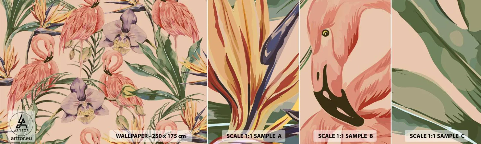 Amostra de papel de parede autocolante Deluxe Sticker - Balé rosa em flores - Pássaro, Flamingo, Selva - 100x30 cm