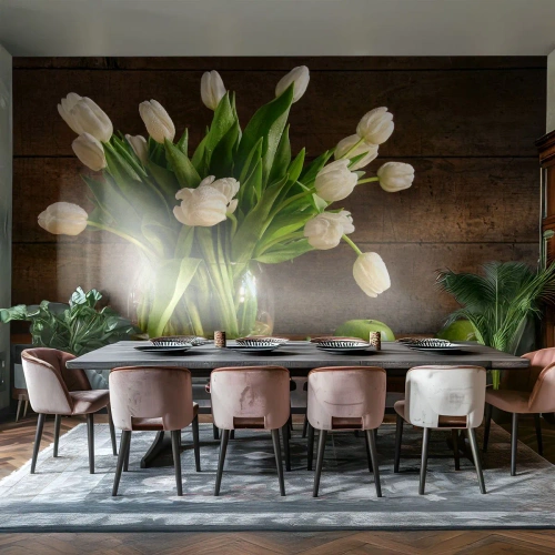 Papel de Parede Premium Canvas - Suculentas e frescas em verde e branco - Flores, Tulipas, Buquê de flores - 500x350 cm