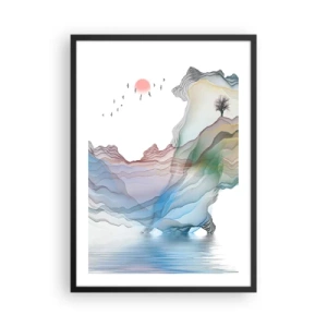 Pôster com moldura preta - Montanhas coloridas e em camadas sobre um lago tranquilo com uma árvore - 50x70cm - Em direção às montanhas de cristal - Decoração de parede moderna para a sala de estar e quarto ARTTOR